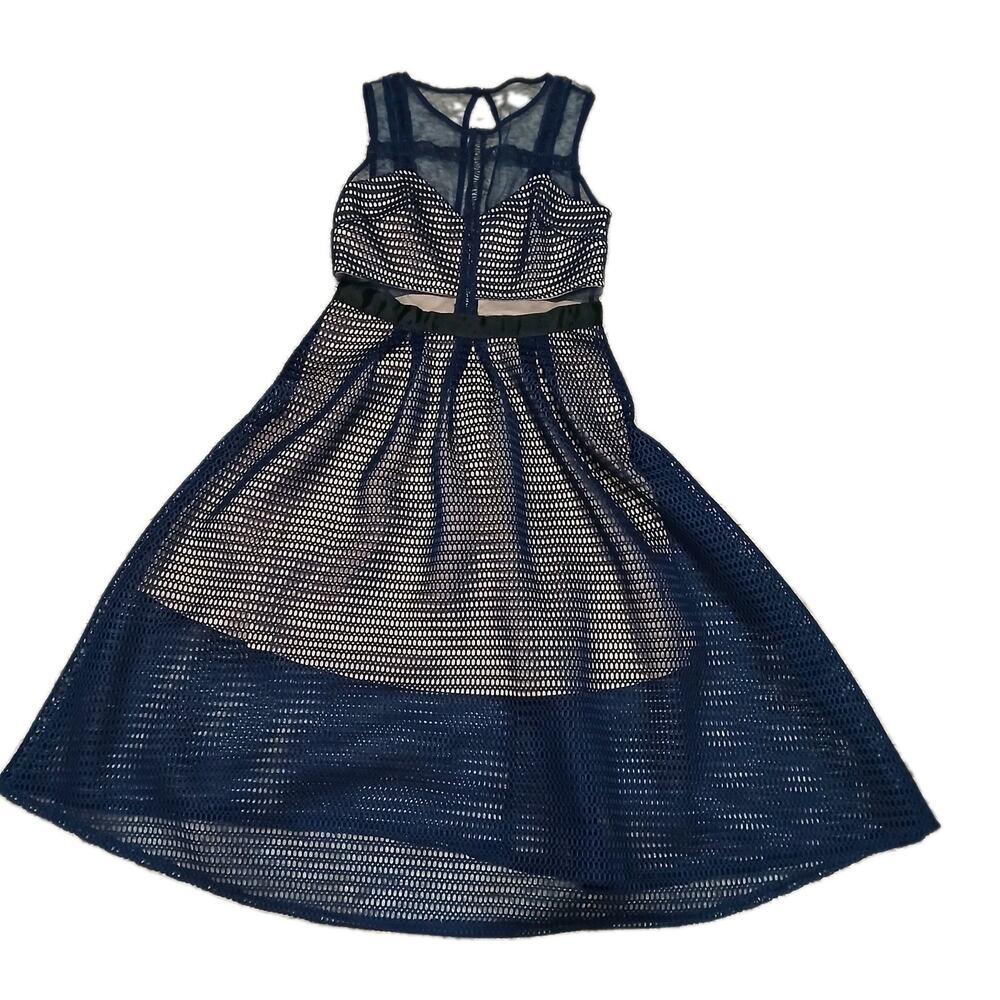 L’ATISTE by Amy Women’s Dress Size S Navy Mesh Sheer Midi Fit & Flare Zip Back